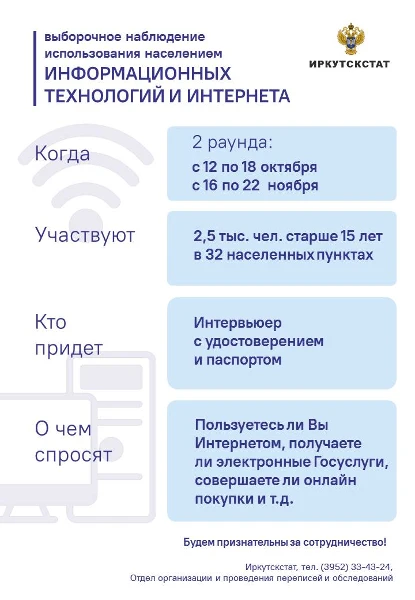 ИРКУТСКСТАТ ПРОВОДИТ ОПРОС НАСЕЛЕНИЯ ОБ ИСПОЛЬЗОВАНИИ ИНФОРМАЦИОННЫХ ТЕХНОЛОГИЙ И ИНТЕРНЕТА